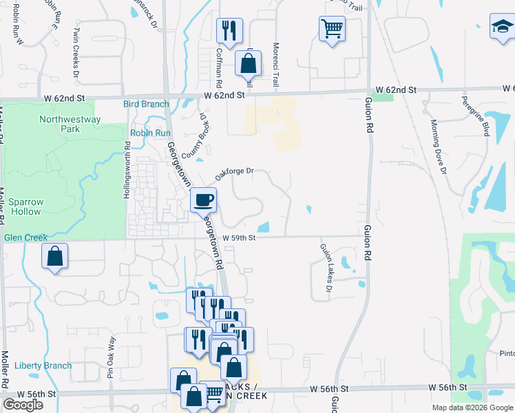 map of restaurants, bars, coffee shops, grocery stores, and more near 5969 Sycamore Forge Lane in Indianapolis