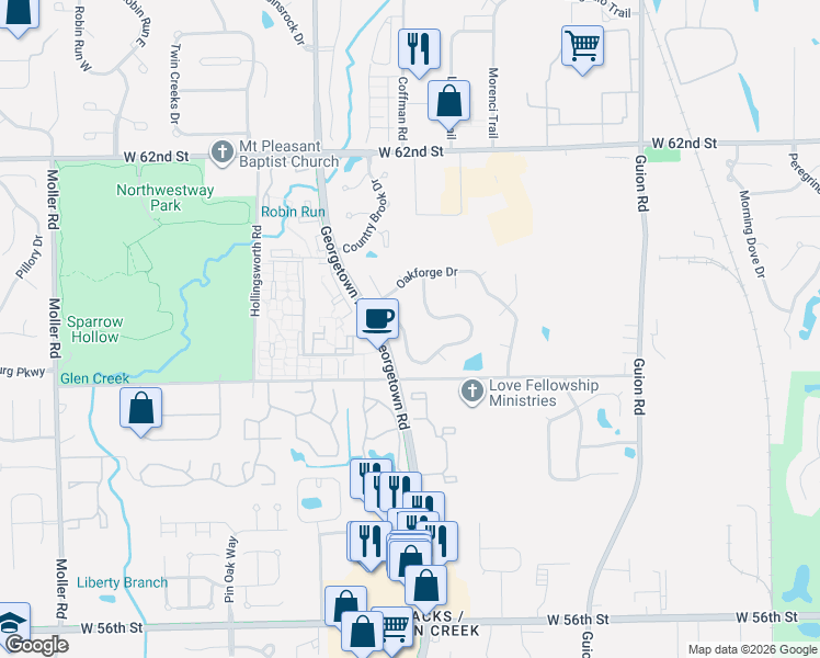 map of restaurants, bars, coffee shops, grocery stores, and more near 5975 Sycamore Forge Drive in Indianapolis