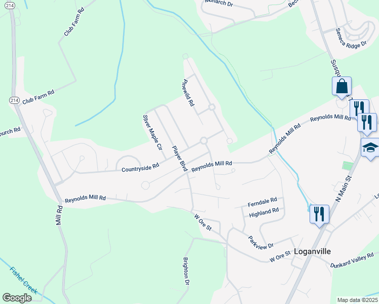 map of restaurants, bars, coffee shops, grocery stores, and more near 601 Countryside Road in Seven Valleys