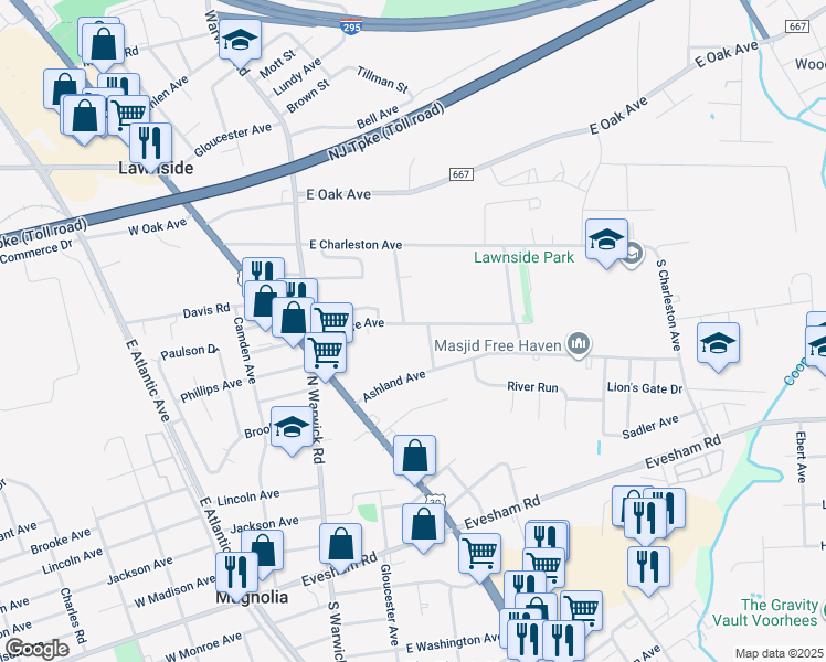map of restaurants, bars, coffee shops, grocery stores, and more near 108 Lapierre Avenue in Lawnside