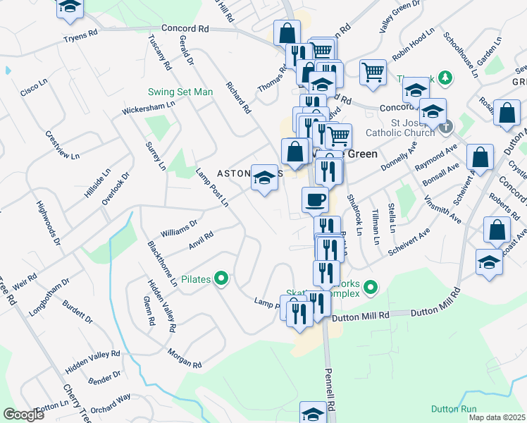 map of restaurants, bars, coffee shops, grocery stores, and more near 3355 Bancroft Drive in Aston