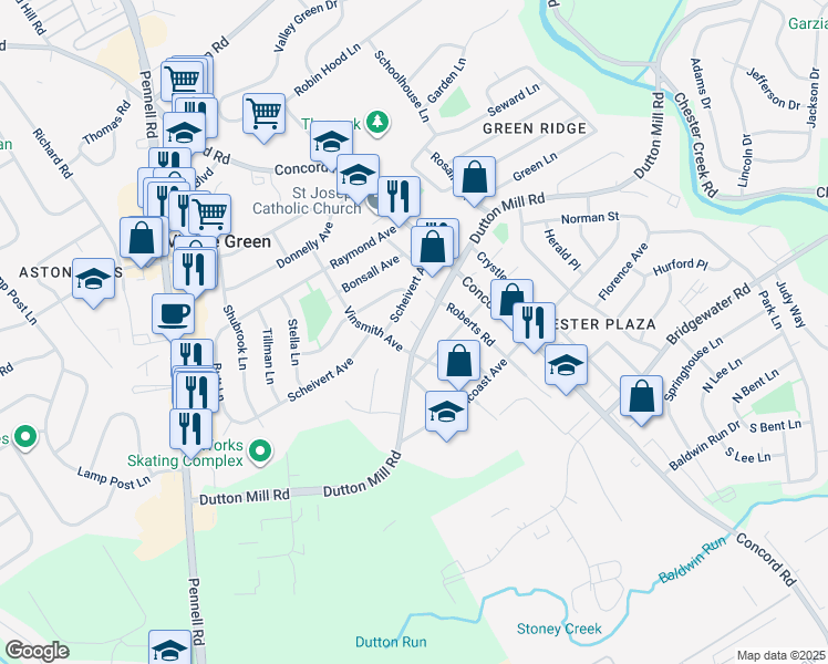 map of restaurants, bars, coffee shops, grocery stores, and more near 2600 Dutton Mill Road in Aston
