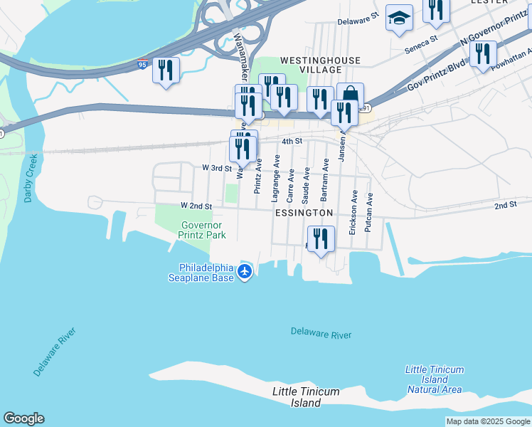 map of restaurants, bars, coffee shops, grocery stores, and more near 112 East 2nd Street in Tinicum Township