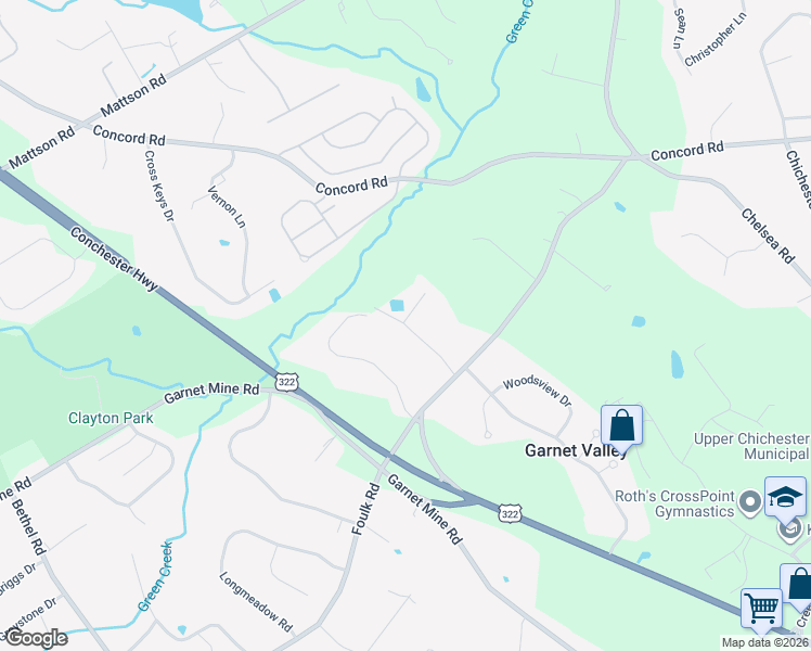 map of restaurants, bars, coffee shops, grocery stores, and more near 1075 Lorraine Drive in Garnet Valley