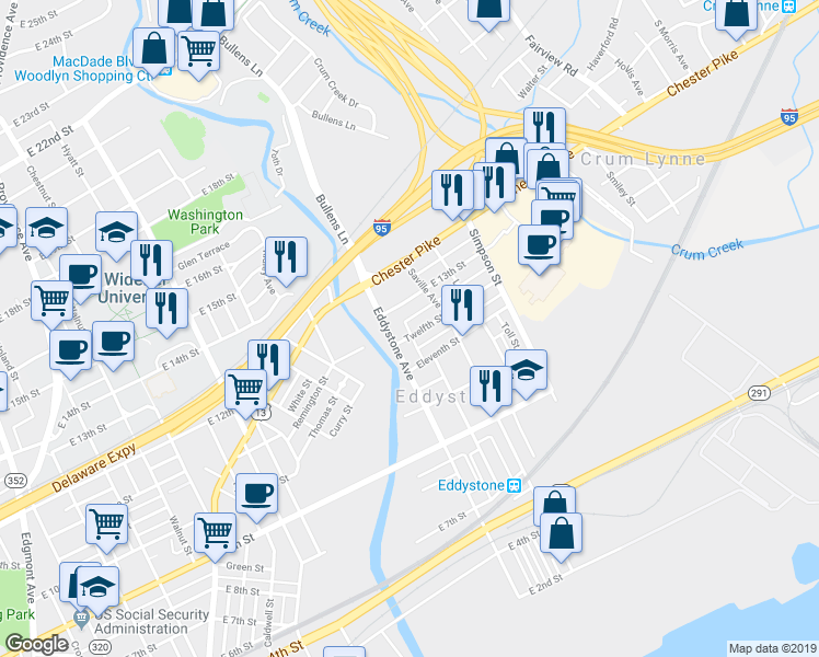 map of restaurants, bars, coffee shops, grocery stores, and more near 1220 E 12th St in Eddystone
