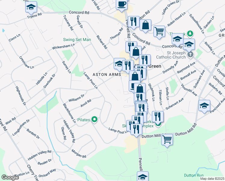 map of restaurants, bars, coffee shops, grocery stores, and more near 3355 Bancroft Drive in Aston