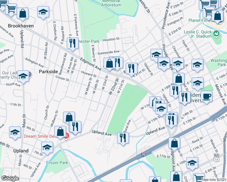 map of restaurants, bars, coffee shops, grocery stores, and more near 125 West 22nd Street in Chester