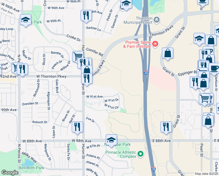 map of restaurants, bars, coffee shops, grocery stores, and more near 501 W 91st Ave in Thornton