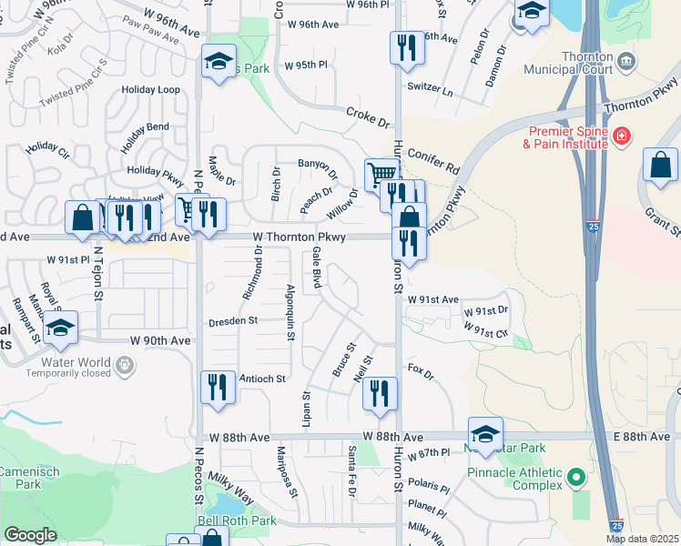 map of restaurants, bars, coffee shops, grocery stores, and more near 9064 Gale Boulevard in Thornton