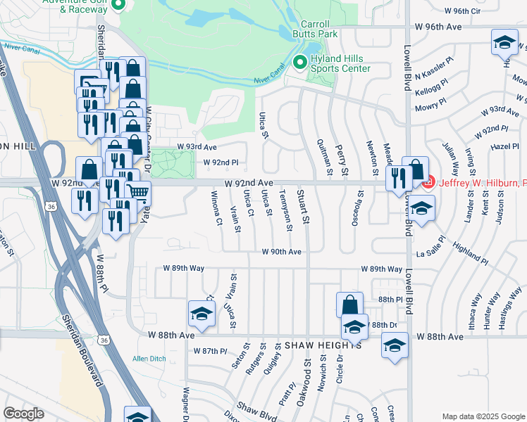 map of restaurants, bars, coffee shops, grocery stores, and more near 9133 Utica Street in Westminster