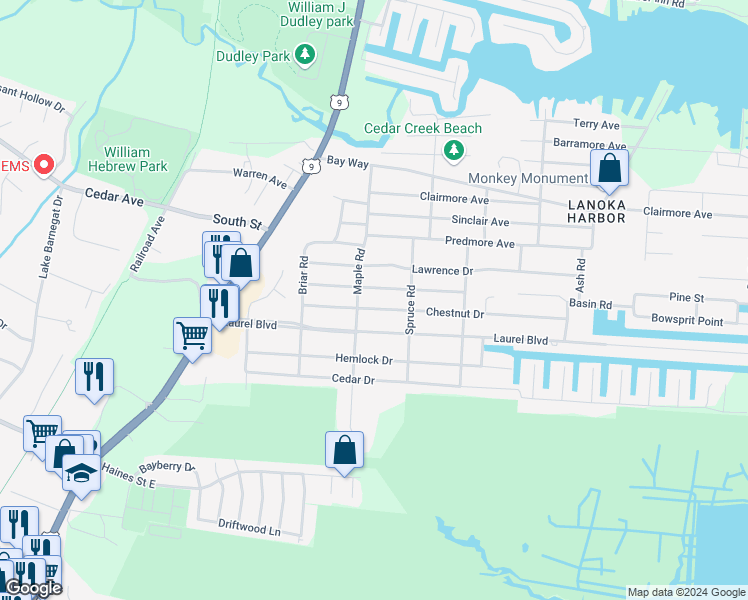 map of restaurants, bars, coffee shops, grocery stores, and more near 201 Walnut Drive in Lacey Township