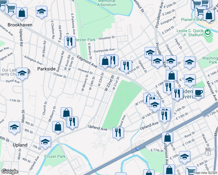 map of restaurants, bars, coffee shops, grocery stores, and more near 125 West 22nd Street in Chester