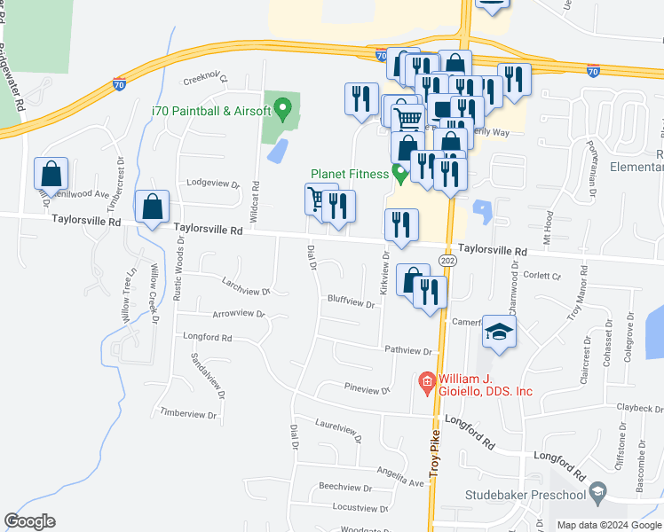 map of restaurants, bars, coffee shops, grocery stores, and more near 5030 Ashview Court in Dayton