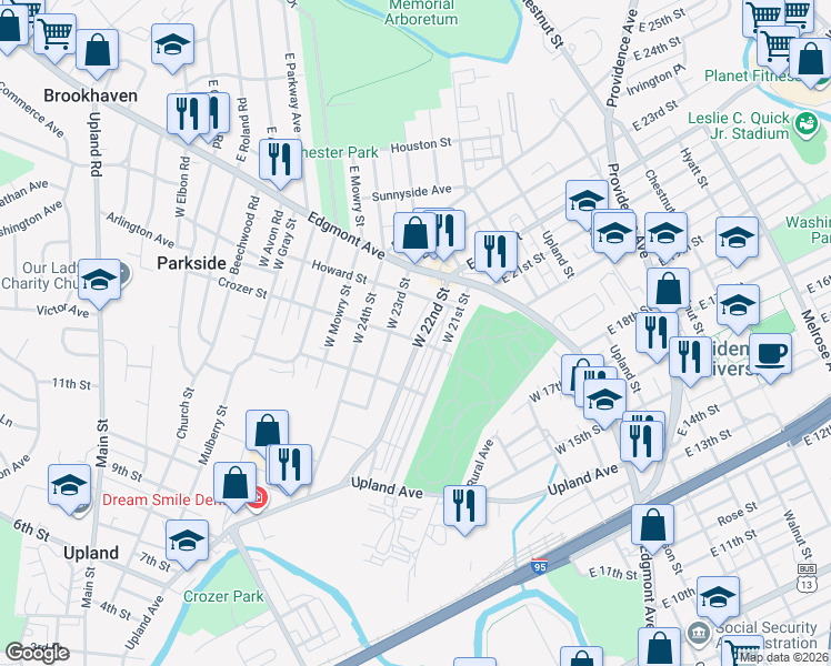 map of restaurants, bars, coffee shops, grocery stores, and more near 111 West 23rd Street in Chester