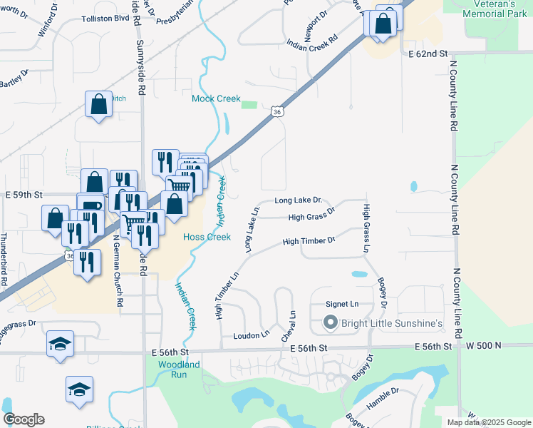map of restaurants, bars, coffee shops, grocery stores, and more near 11348 High Grass Drive in Indianapolis