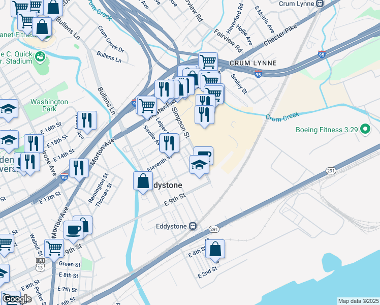 map of restaurants, bars, coffee shops, grocery stores, and more near 1037 Toll Street in Eddystone