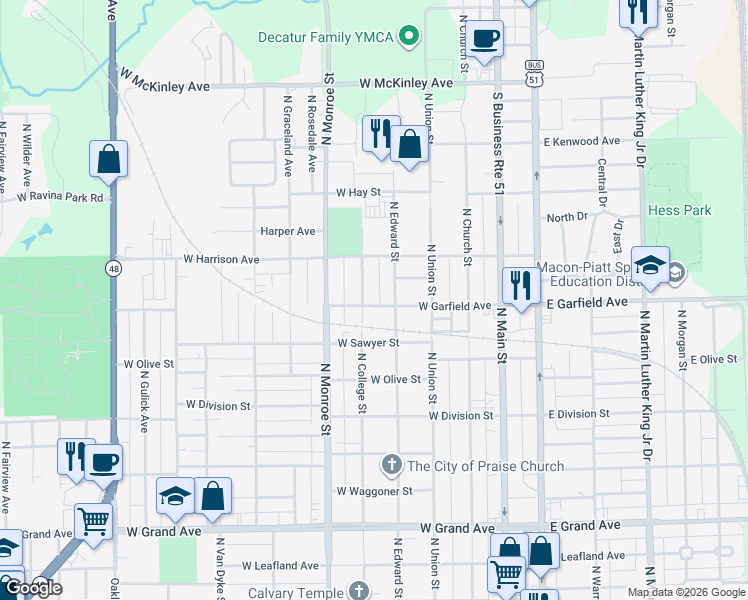 map of restaurants, bars, coffee shops, grocery stores, and more near 2026 North College Street in Decatur