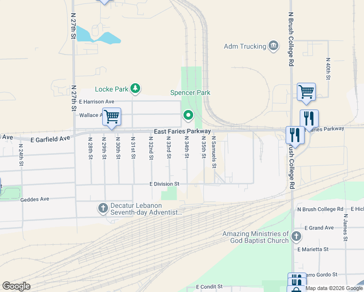 map of restaurants, bars, coffee shops, grocery stores, and more near 1601-1999 N 34th St in Decatur