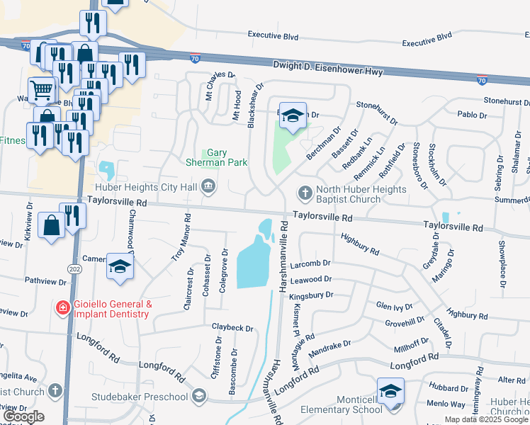map of restaurants, bars, coffee shops, grocery stores, and more near 6078 Taylorsville Road in Huber Heights