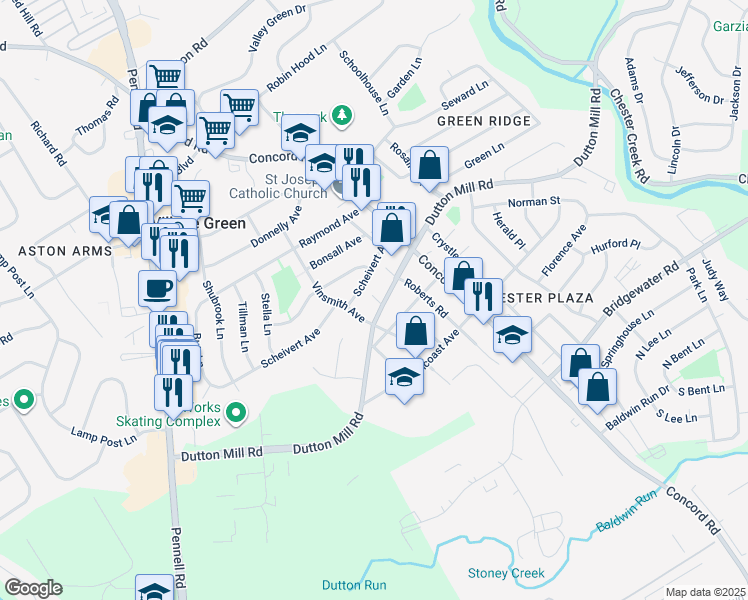map of restaurants, bars, coffee shops, grocery stores, and more near 2600 Dutton Mill Road in Aston
