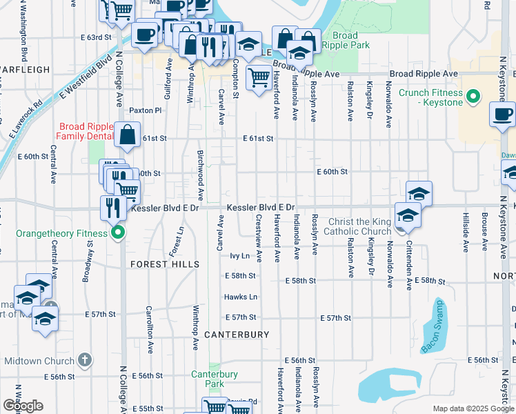 map of restaurants, bars, coffee shops, grocery stores, and more near Kessler Blvd E Dr & Crestview Ave in Indianapolis