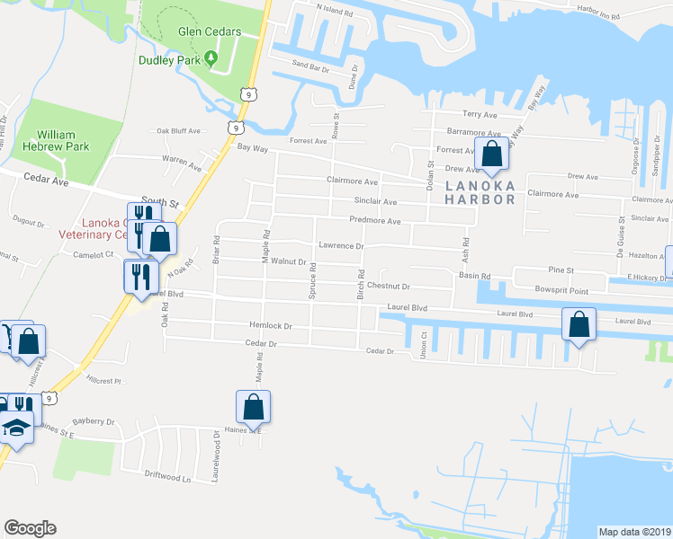 map of restaurants, bars, coffee shops, grocery stores, and more near 309 Walnut Drive in Lacey Township