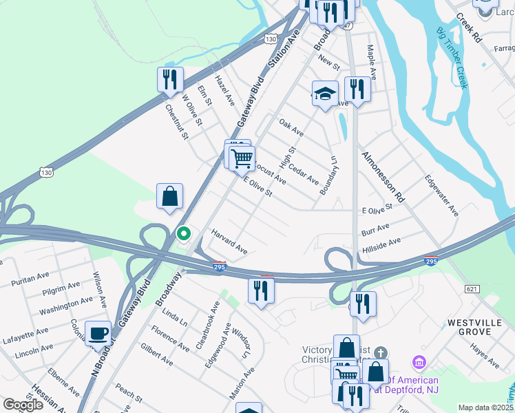 map of restaurants, bars, coffee shops, grocery stores, and more near High Street & Ambler Street in Westville