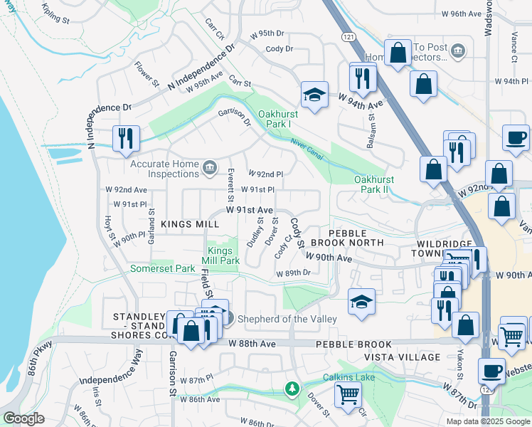 map of restaurants, bars, coffee shops, grocery stores, and more near 9157 Dover Street in Westminster