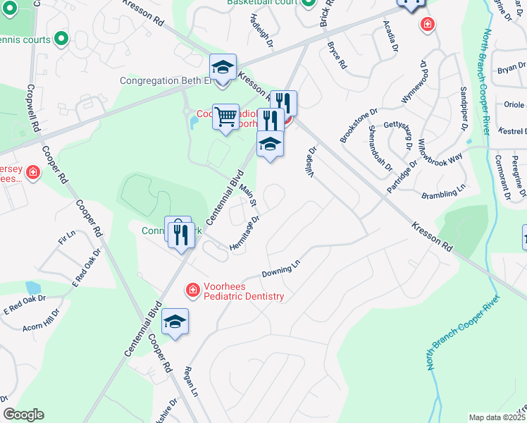 map of restaurants, bars, coffee shops, grocery stores, and more near 4014 Hermitage Drive in Voorhees Township