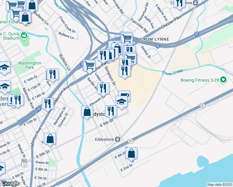 map of restaurants, bars, coffee shops, grocery stores, and more near 1425 Eleventh Street in Crum Lynne