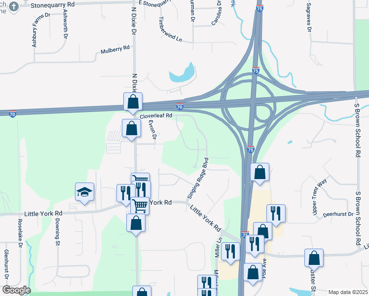 map of restaurants, bars, coffee shops, grocery stores, and more near 1 Singing Circle Drive in Dayton