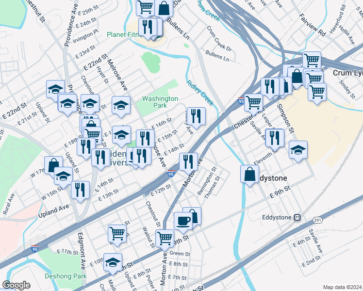 map of restaurants, bars, coffee shops, grocery stores, and more near 1400 Washington Avenue in Chester