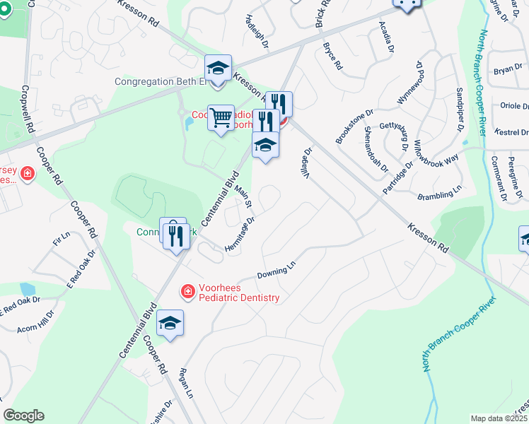 map of restaurants, bars, coffee shops, grocery stores, and more near 3725 Hermitage Drive in Voorhees Township