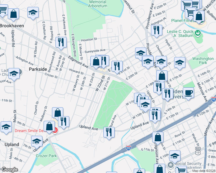 map of restaurants, bars, coffee shops, grocery stores, and more near 111 West 21st Street in Chester