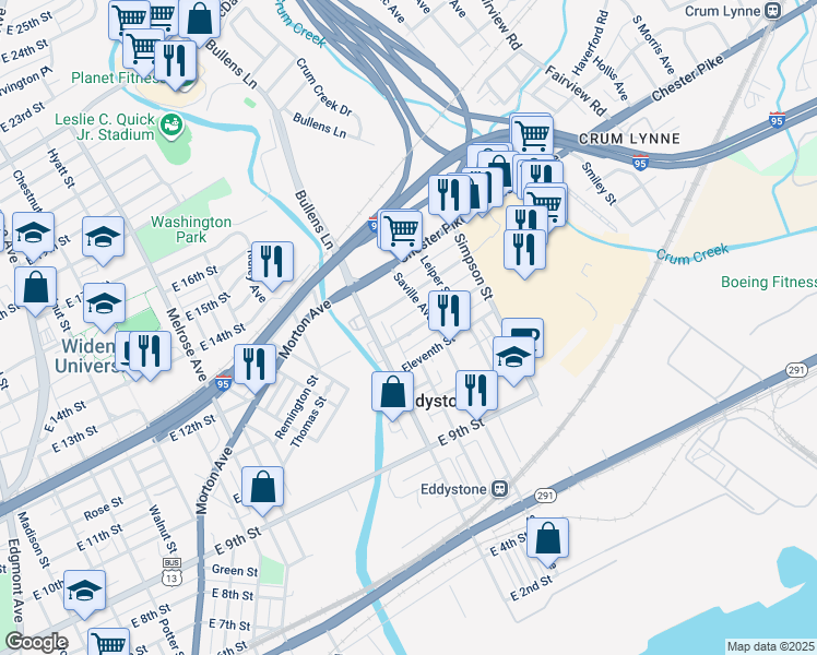 map of restaurants, bars, coffee shops, grocery stores, and more near 1238 E 12th St in Eddystone