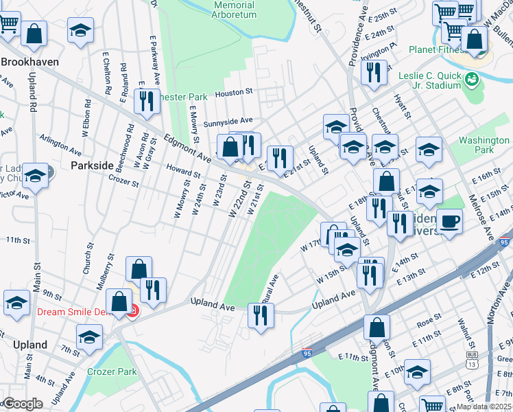 map of restaurants, bars, coffee shops, grocery stores, and more near 123 West 21st Street in Chester