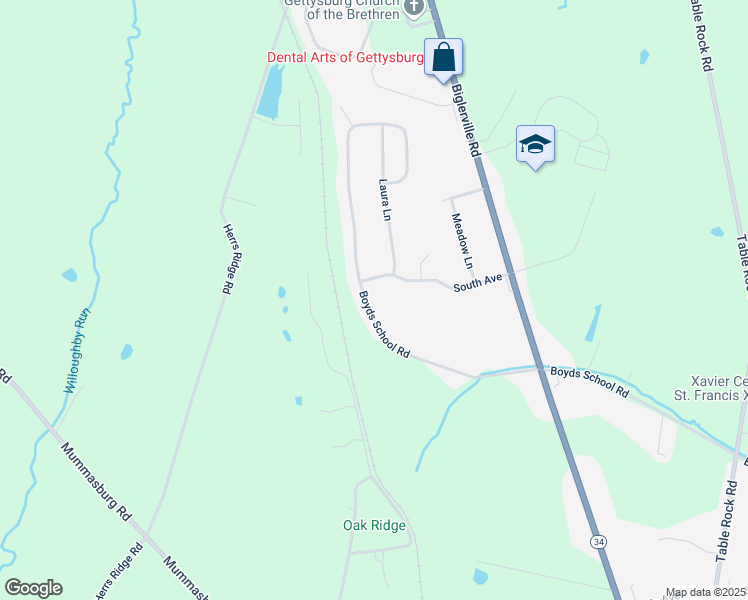 map of restaurants, bars, coffee shops, grocery stores, and more near 821 Boyds School Road in Gettysburg