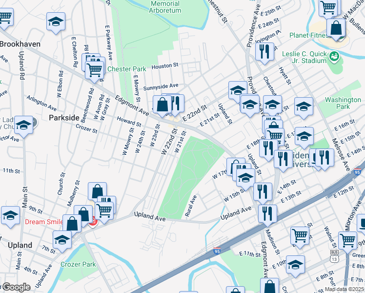 map of restaurants, bars, coffee shops, grocery stores, and more near 123 West 21st Street in Chester