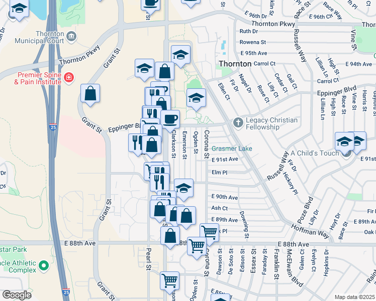 map of restaurants, bars, coffee shops, grocery stores, and more near 9120 Emerson Street in Thornton
