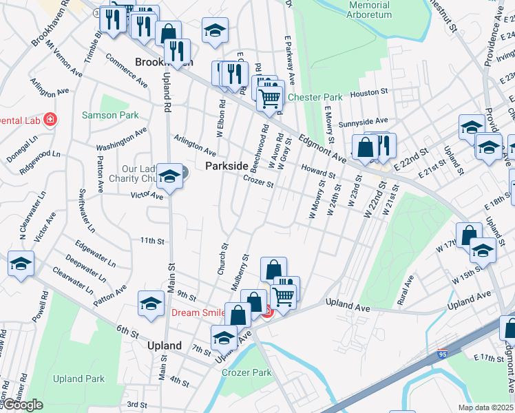 map of restaurants, bars, coffee shops, grocery stores, and more near 2621 Parkside Terrace in Brookhaven