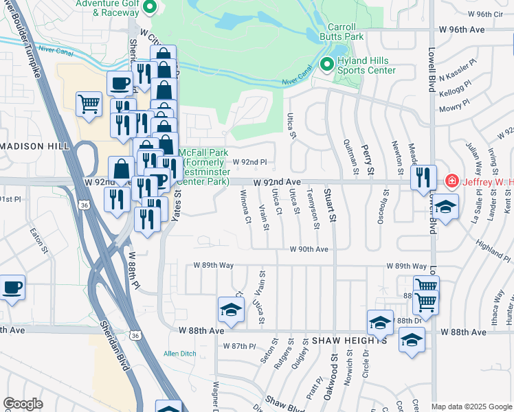 map of restaurants, bars, coffee shops, grocery stores, and more near 9136 Vrain Street in Westminster