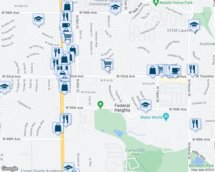 map of restaurants, bars, coffee shops, grocery stores, and more near 9157 Madeleine Street in Federal Heights