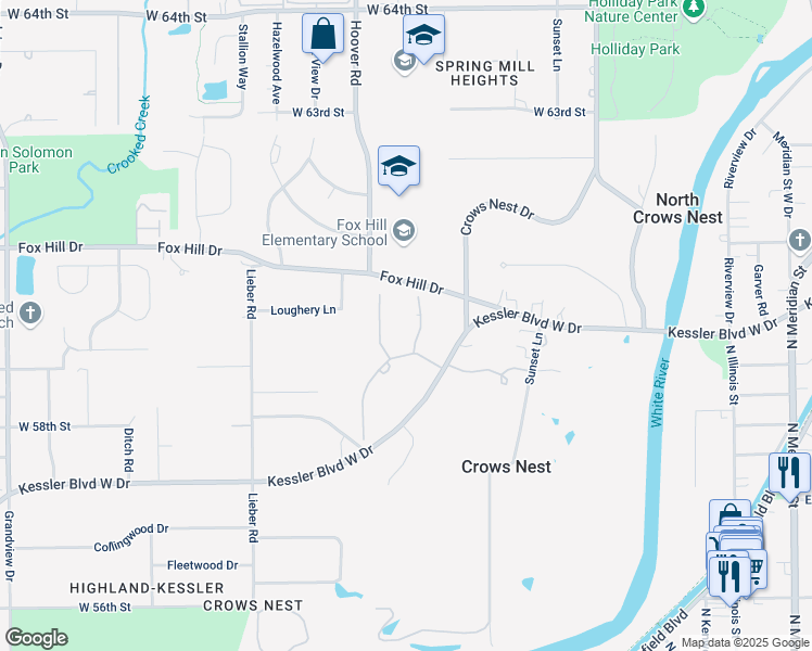 map of restaurants, bars, coffee shops, grocery stores, and more near 5936 Stafford Road in Indianapolis