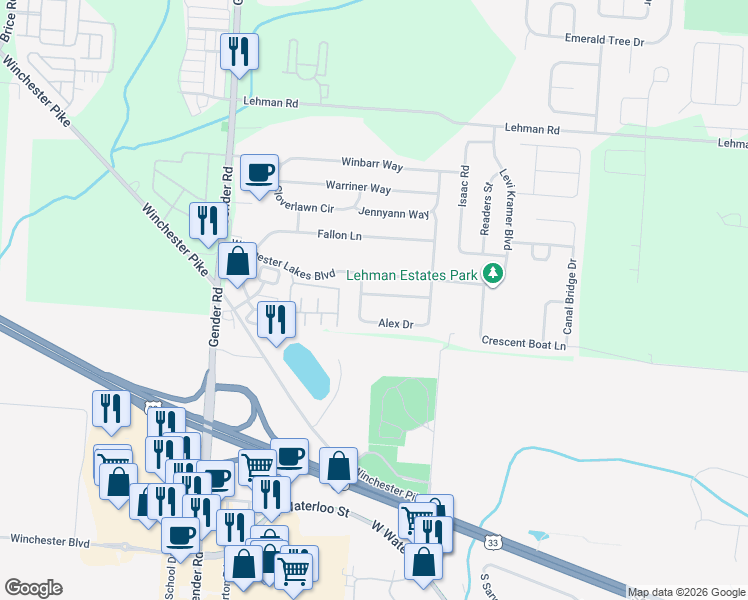 map of restaurants, bars, coffee shops, grocery stores, and more near 6721 Kristins Cove Lane in Canal Winchester