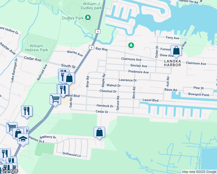 map of restaurants, bars, coffee shops, grocery stores, and more near 205 Walnut Drive in Lacey Township