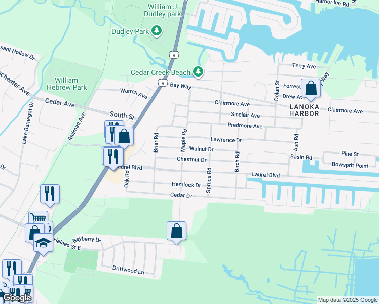 map of restaurants, bars, coffee shops, grocery stores, and more near 203 Walnut Drive in Lacey Township