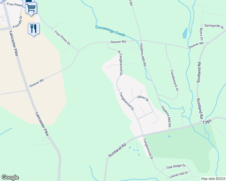 map of restaurants, bars, coffee shops, grocery stores, and more near 2 Fair Winds Lane in Quarryville