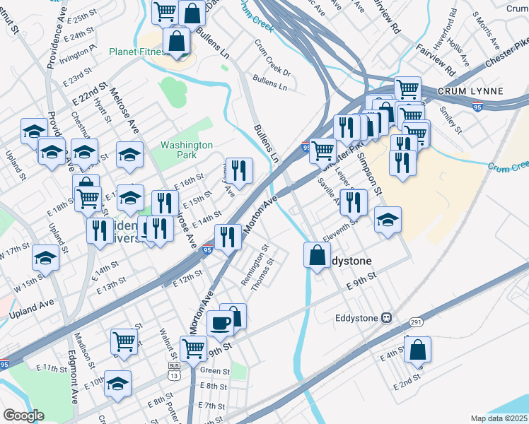 map of restaurants, bars, coffee shops, grocery stores, and more near 1403 Morton Avenue in Chester