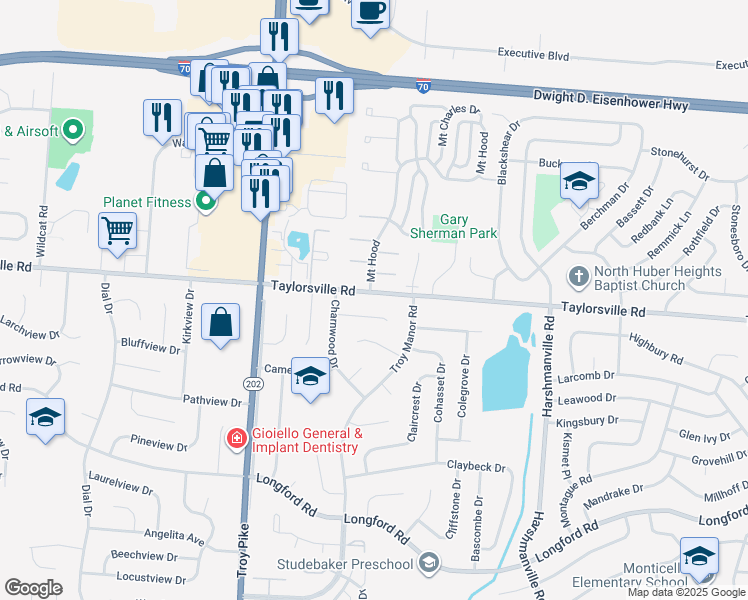 map of restaurants, bars, coffee shops, grocery stores, and more near 5840 Taylorsville Road in Dayton