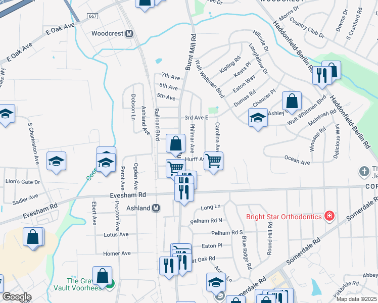 map of restaurants, bars, coffee shops, grocery stores, and more near 107 Philmar Avenue in Cherry Hill